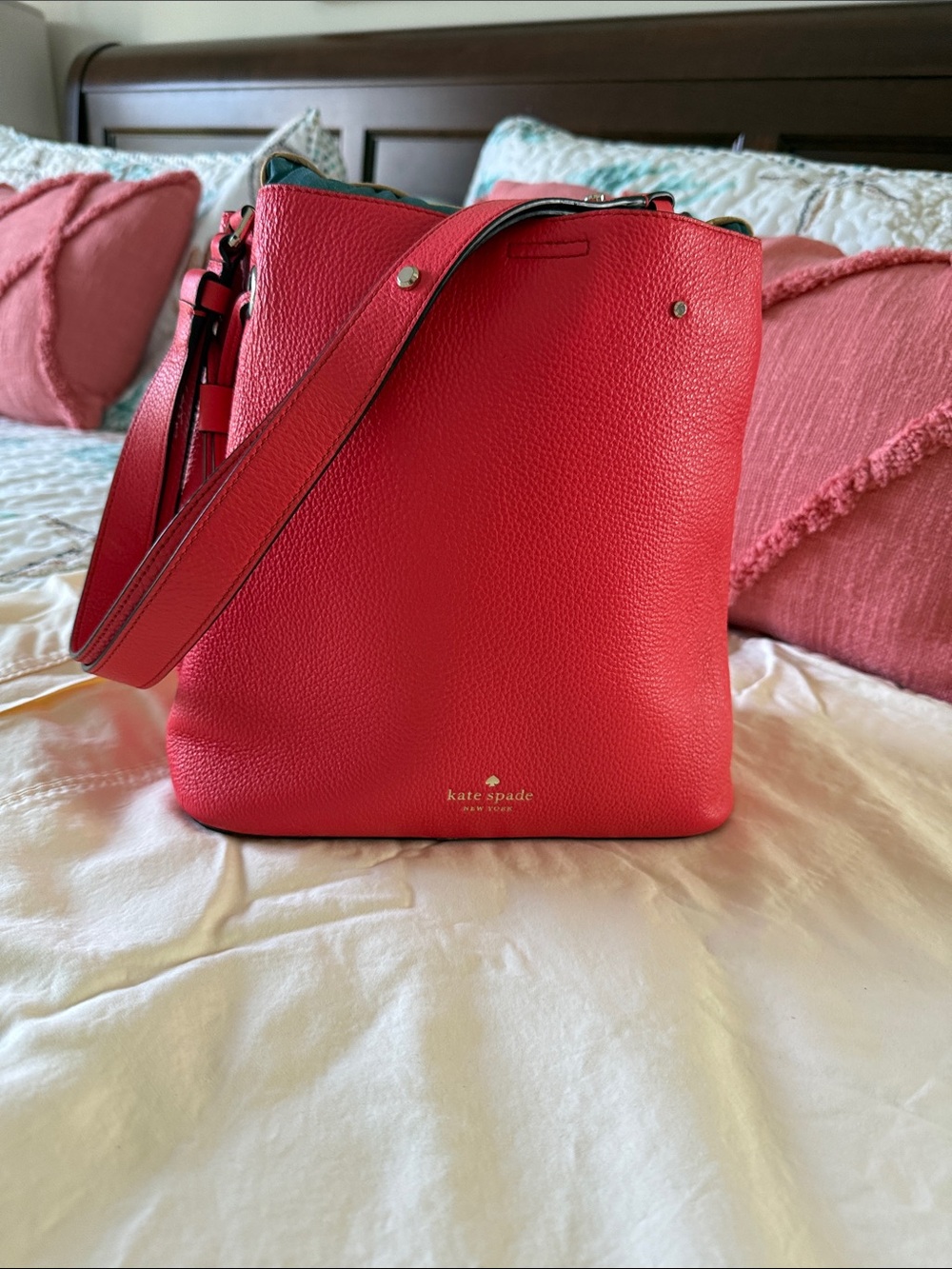 kate spade Red Pebbled Leather Crossbody Bucket Bag